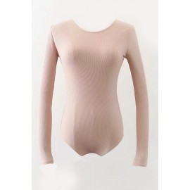 Pink Round Neck Tied Open Back Long Sleeve Basic Bodysuit
