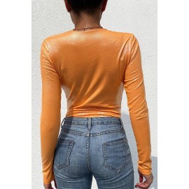Orange V Neck Long Sleeve Sexy Bodysuit