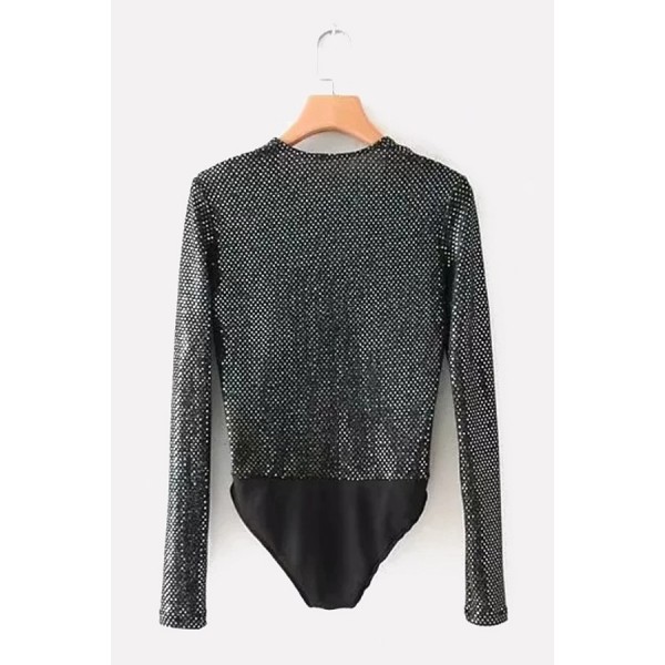 Black Sequin Plunging Long Sleeve Sexy Bodysuit 