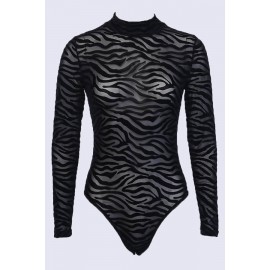 Black Zebra Mesh Mock Neck Long Sleeve Sexy Bodysuit