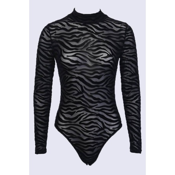 Black Zebra Mesh Mock Neck Long Sleeve Sexy Bodysuit 