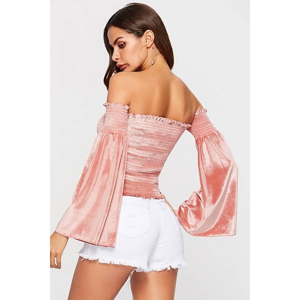 Pink Shirred Off Shoulder Long Sleeve Sexy Crop Top 