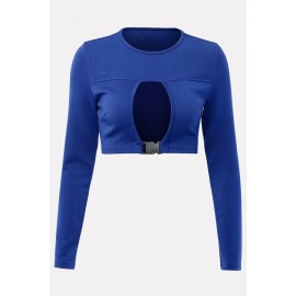 Blue Buckle Cutout Round Neck Long Sleeve Sexy Crop Top