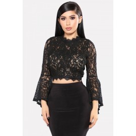 Black Lace Mock Neck Flare Sleeve Sexy Crop Top
