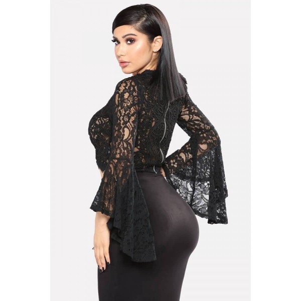 Black Lace Mock Neck Flare Sleeve Sexy Crop Top 