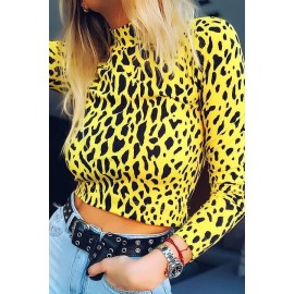 Yellow Leopard Mock Neck Long Sleeve Sexy Crop Top