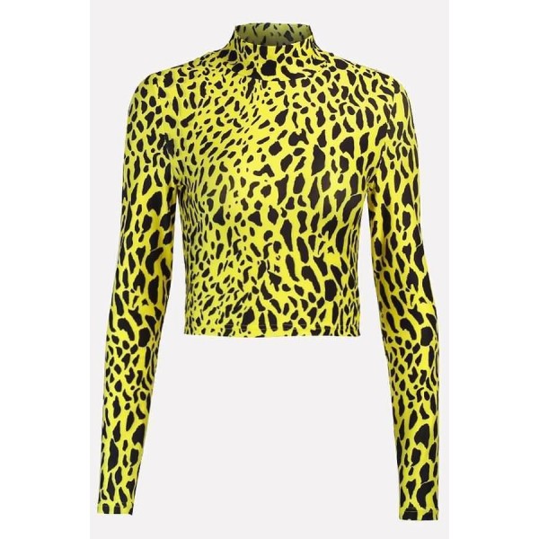 Yellow Leopard Mock Neck Long Sleeve Sexy Crop Top 