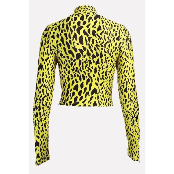 Yellow Leopard Mock Neck Long Sleeve Sexy Crop Top 