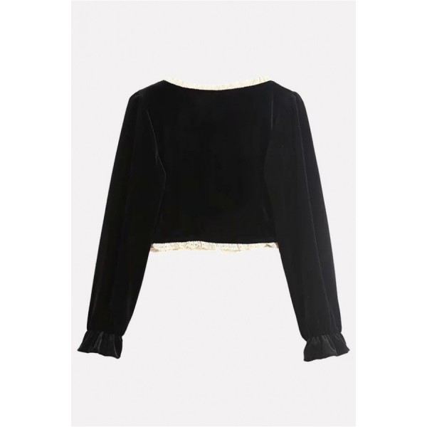 Black Lace Trim Chinese Buckle Square Neck Long Sleeve Casual Crop Top 