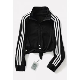 Black Stripe Side Knotted Zipper Up Long Sleeve Casual Crop Top