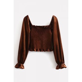 Coffee Velour Shirred Button Decor Square Neck Long Sleeve Casual Crop Top