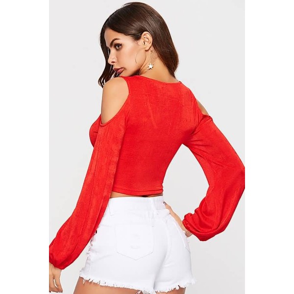 Red Cold Shoulder Long Sleeve Sexy Crop Top 