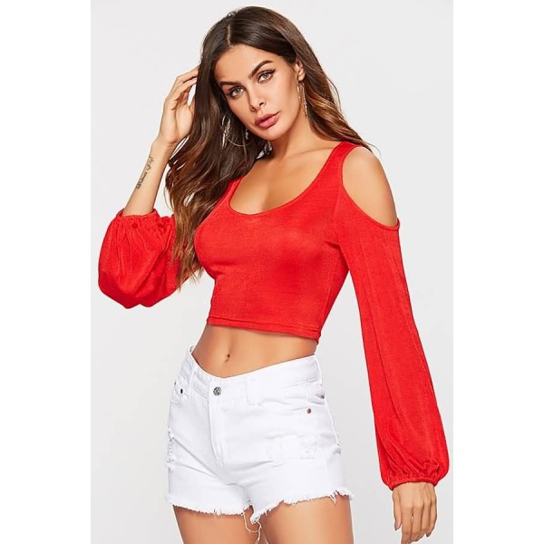 Red Cold Shoulder Long Sleeve Sexy Crop Top 