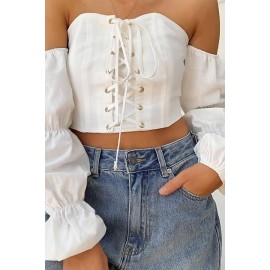 White Lace Up Off Shoulder Long Sleeve Sexy Crop Top