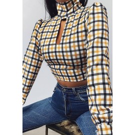 Yellow Gingham Open Back Tied High Collar Sexy Crop Top