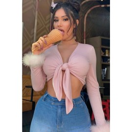 Light-pink Faux Fur Knotted Long Sleeve Sexy Crop Top
