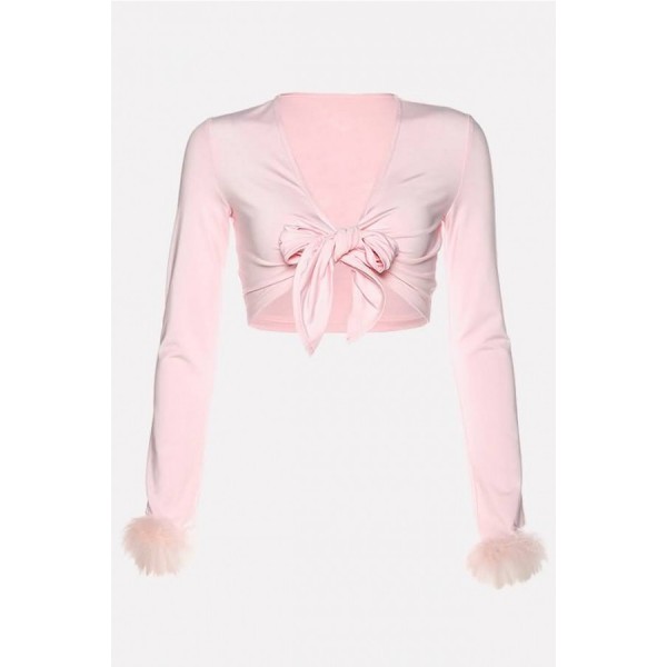 Light-pink Faux Fur Knotted Long Sleeve Sexy Crop Top 