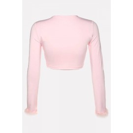 Light-pink Faux Fur Knotted Long Sleeve Sexy Crop Top