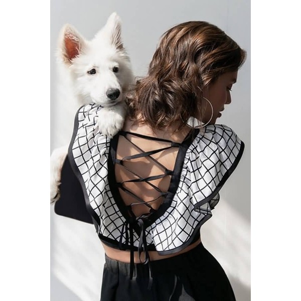 Black Plaid Lace Up Square Neck Long Sleeve Casual Crop Top 