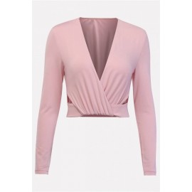 Pink Plunging Long Sleeve Sexy Crop Top