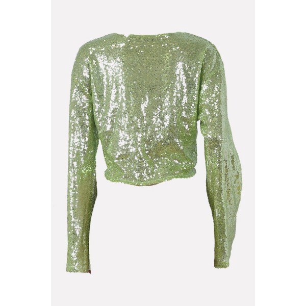 Light-green Sequins Round Neck Long Sleeve Casual Crop Top 