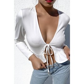 White Tied Ruffles Plunging Long Sleeve Sexy Crop Top