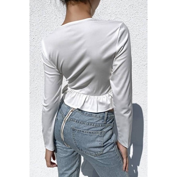 White Tied Ruffles Plunging Long Sleeve Sexy Crop Top 