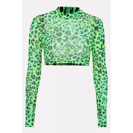 Green Neon Leopard Mesh Mock Neck Sexy Crop Top
