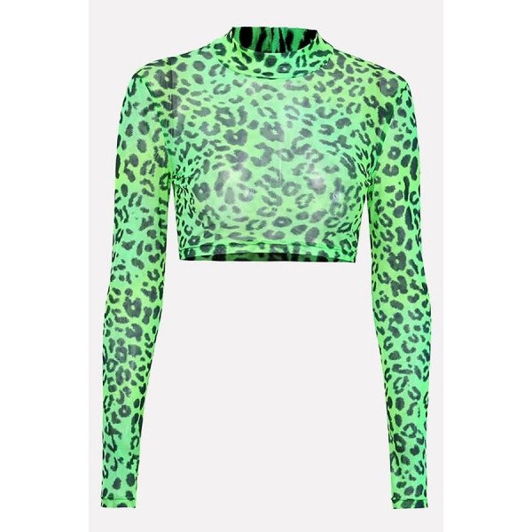 Green Neon Leopard Mesh Mock Neck Sexy Crop Top 