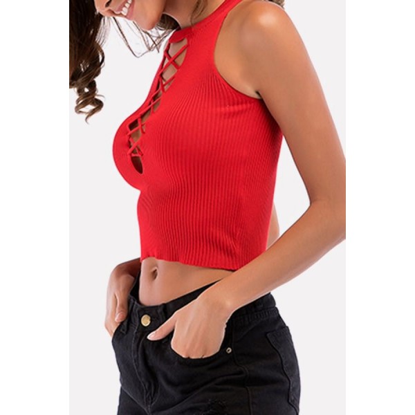 Red Caged Ribbed Crisscross Casual Short Tank Top 