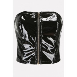 Black Faux Leather Zipper Up Sexy Bandeau