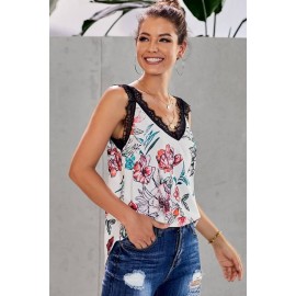 Red Floral Print Lace Splicing Casual Tank Top