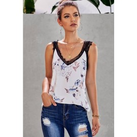 White Floral Print Lace Splicing Casual Tank Top