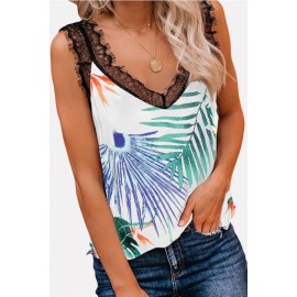 Green Floral Print Lace Splicing Casual Tank Top