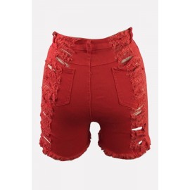 Red Ripped Raw Hem High Waist Sexy Denim Shorts