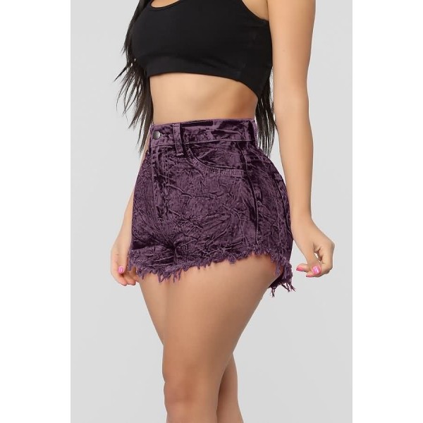 Purple Pocket Raw Hem High Waist Casual Denim Shorts 