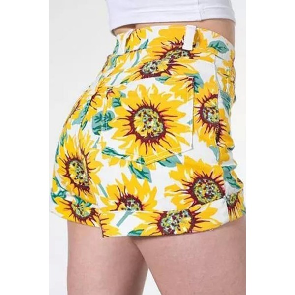 High Waist Sunflower Print Casual Denim Shorts 