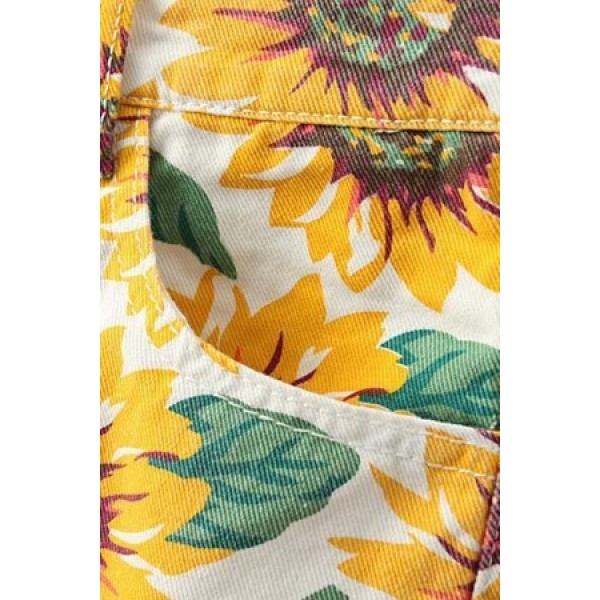 High Waist Sunflower Print Casual Denim Shorts 
