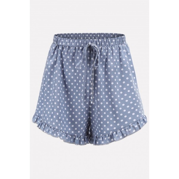Light-blue Polka Dot Drawstring Ruffles Trim Casual Shorts 