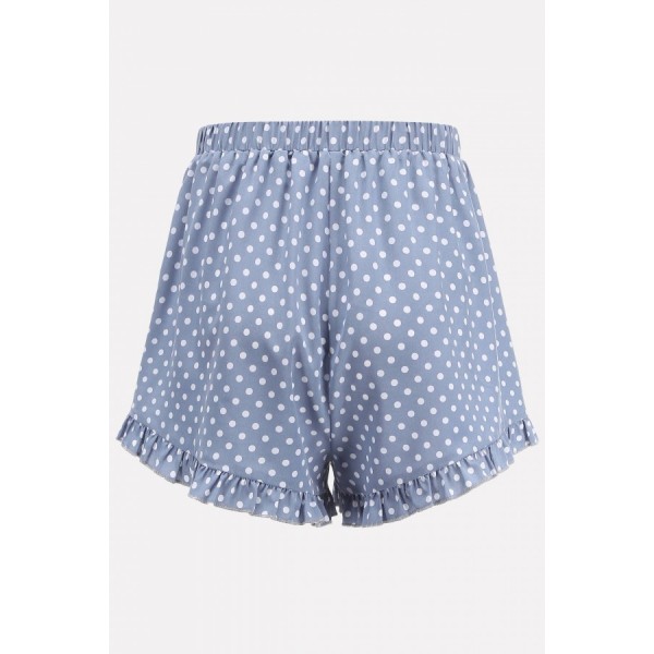 Light-blue Polka Dot Drawstring Ruffles Trim Casual Shorts 