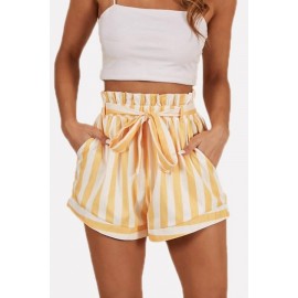 Yellow Stripe Tied Waist Pocket Casual Shorts