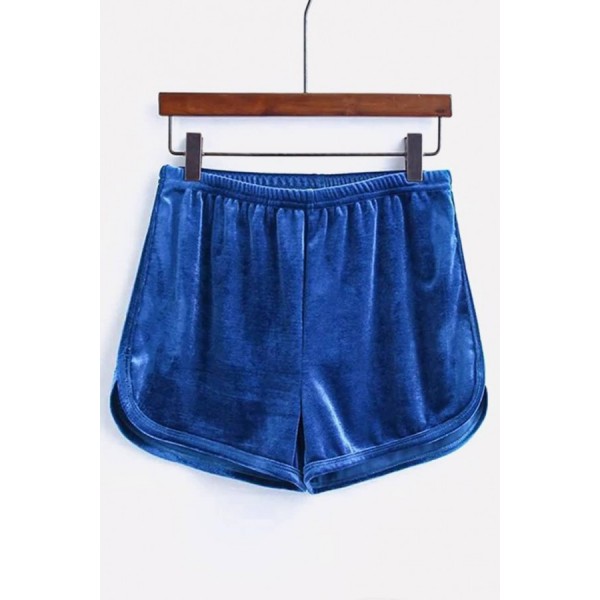 Dark-blue Elastic High Waist Active Velvet Shorts