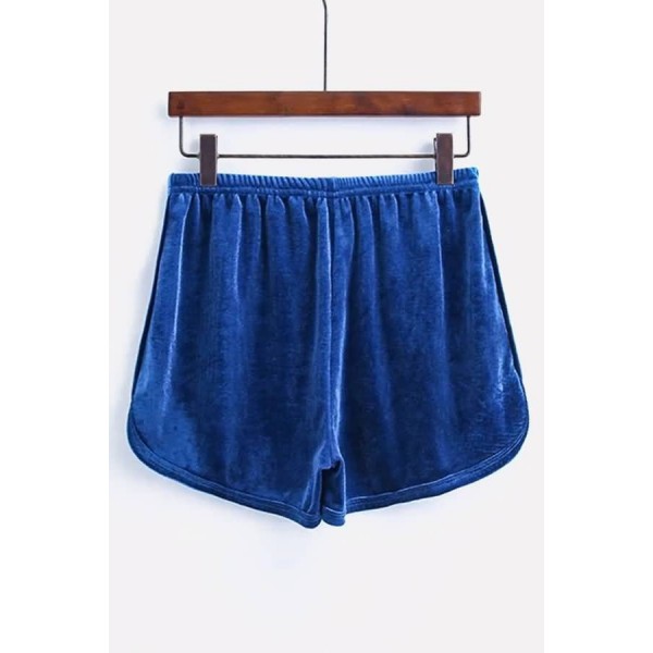 Dark-blue Elastic High Waist Active Velvet Shorts 