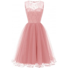Pink Lace Round Neck Sleeveless Tulle Sexy A Line Dress