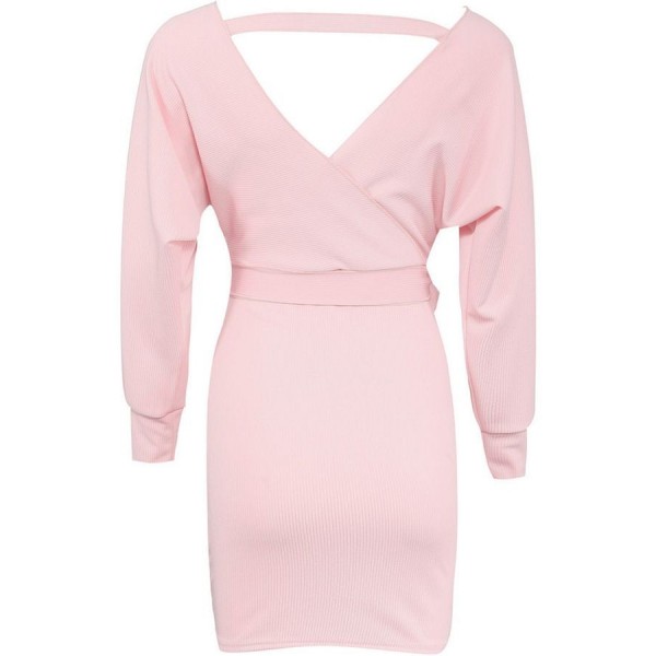 Pink Wrap V Neck Ribbed Long Sleeve Casual Dress 