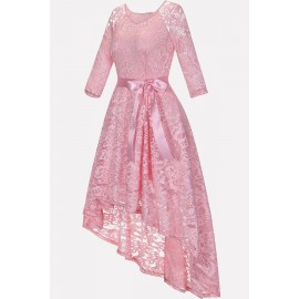 Pink Floral Lace Tied V Neck Chic High Low Dress