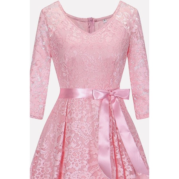 Pink Floral Lace Tied V Neck Chic High Low Dress 
