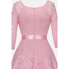 Pink Floral Lace Tied V Neck Chic High Low Dress