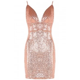 Pink Plunging V Neck Spaghetti Straps Sequins Slip Party Dress