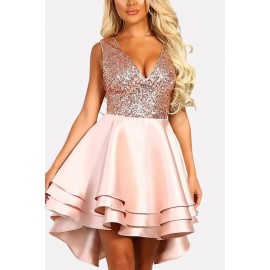Pink Sequin Splicing Plunging Layered Sexy A Line Dress
